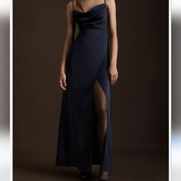 BHLDN Remy Cowl-Neck Faux-Wrap Satin Gown in midnight - Picture 3 of 6